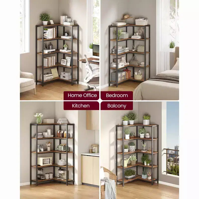 5-Tier Convertible Industrial Corner Bookshelf with Metal Frame, 9.4" x 40.2" x 55.9", Rustic Brown & Black