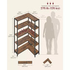 5-Tier Convertible Industrial Corner Bookshelf with Metal Frame, 9.4" x 40.2" x 55.9", Rustic Brown & Black