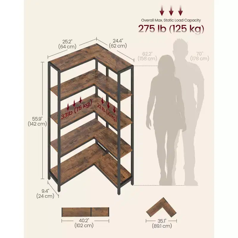 5-Tier Convertible Industrial Corner Bookshelf with Metal Frame, 9.4" x 40.2" x 55.9", Rustic Brown & Black