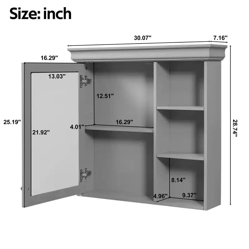 30" Wall Mounted Bathroom Medicine Cabinet with Mirror & 3 Adjustable Shelves