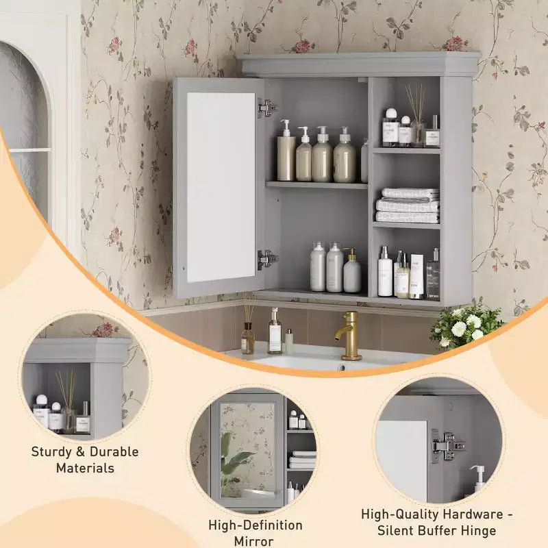 30" Wall Mounted Bathroom Medicine Cabinet with Mirror & 3 Adjustable Shelves