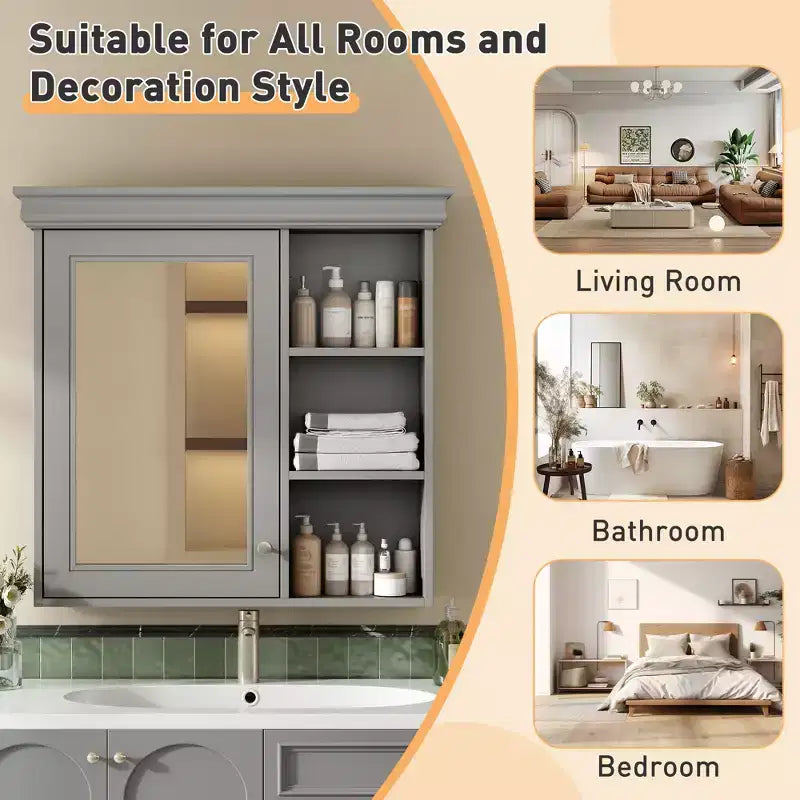 30" Wall Mounted Bathroom Medicine Cabinet with Mirror & 3 Adjustable Shelves