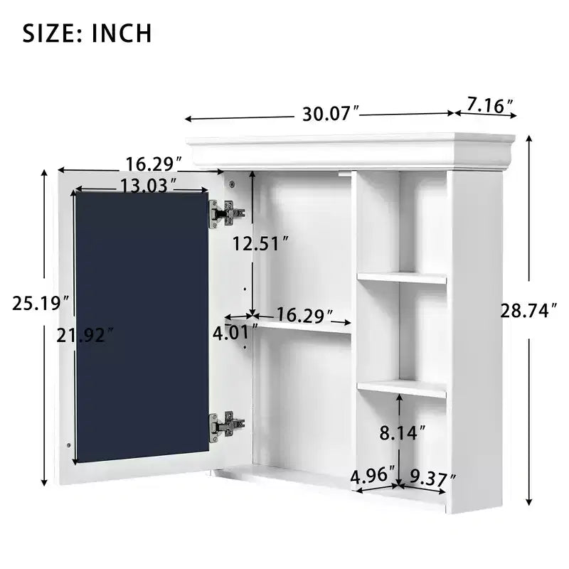 30" Wall Mounted Bathroom Medicine Cabinet with Mirror & 3 Adjustable Shelves
