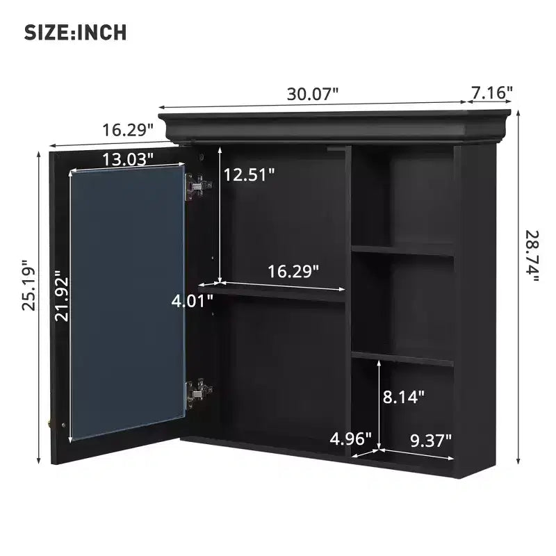30" Wall Mounted Bathroom Medicine Cabinet with Mirror & 3 Adjustable Shelves
