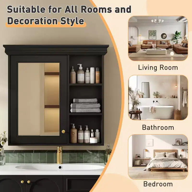 30" Wall Mounted Bathroom Medicine Cabinet with Mirror & 3 Adjustable Shelves