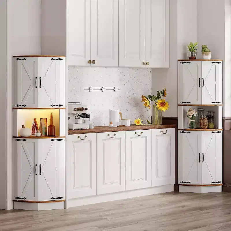 64.6" Farmhouse Corner Cabinet with 4 Barn Doors & 5 Adjustable Shelves