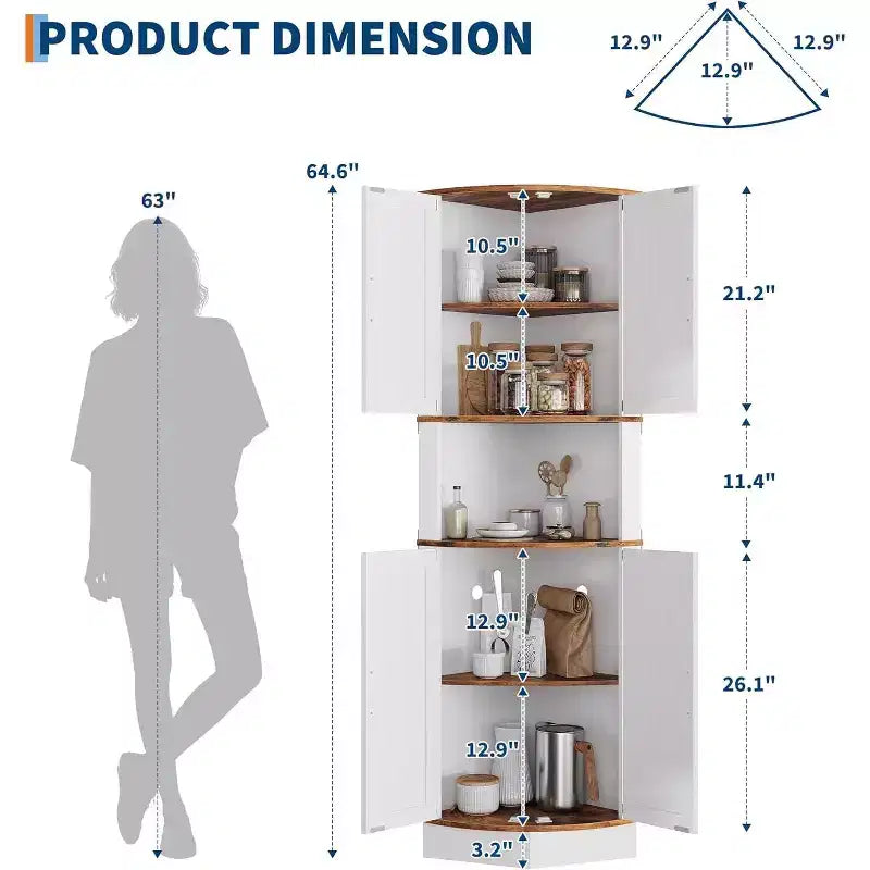 64.6" Farmhouse Corner Cabinet with 4 Barn Doors & 5 Adjustable Shelves