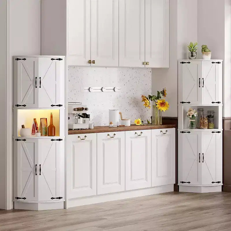 64.6" Farmhouse Corner Cabinet with 4 Barn Doors & 5 Adjustable Shelves