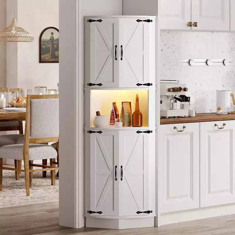 64.6" Farmhouse Corner Cabinet with 4 Barn Doors & 5 Adjustable Shelves