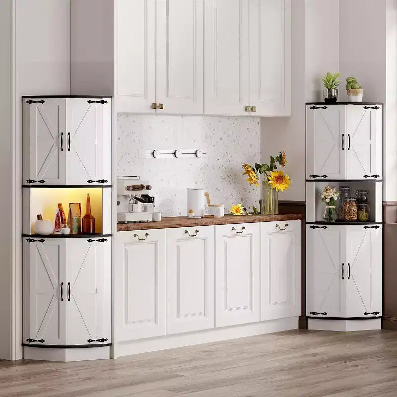 64.6" Farmhouse Corner Cabinet with 4 Barn Doors & 5 Adjustable Shelves