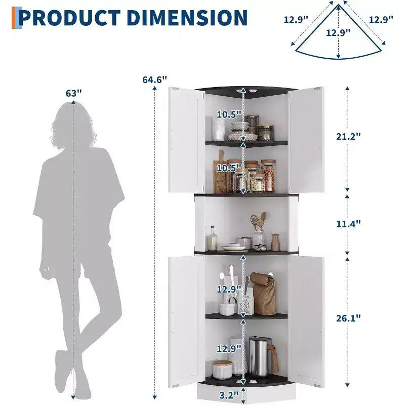 64.6" Farmhouse Corner Cabinet with 4 Barn Doors & 5 Adjustable Shelves
