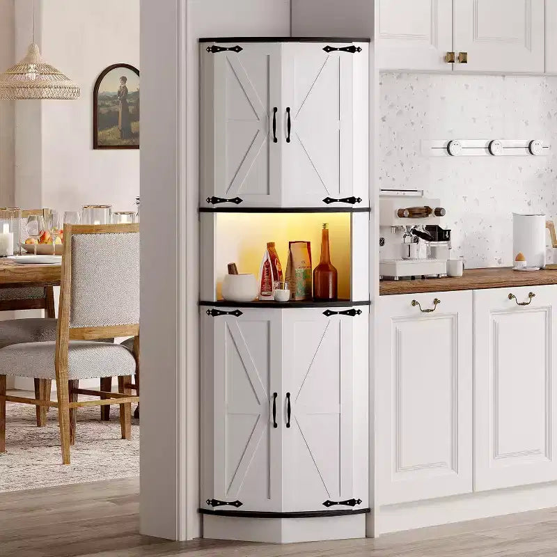 64.6" Farmhouse Corner Cabinet with 4 Barn Doors & 5 Adjustable Shelves