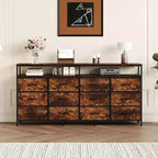 63 Long Dresser with 12 Drawers, TV Stand for 55/65/70 Inch TV, Fabric Dresser TV Stand for Bedroom Living Room, Chest of Drawers with Open Shelves