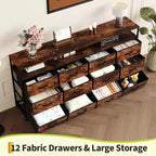 63 Long Dresser with 12 Drawers, TV Stand for 55/65/70 Inch TV, Fabric Dresser TV Stand for Bedroom Living Room, Chest of Drawers with Open Shelves