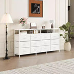 63 Long Dresser with 12 Drawers, TV Stand for 55/65/70 Inch TV, Fabric Dresser TV Stand for Bedroom Living Room, Chest of Drawers with Open Shelves