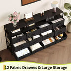 63 Long Dresser with 12 Drawers, TV Stand for 55/65/70 Inch TV, Fabric Dresser TV Stand for Bedroom Living Room, Chest of Drawers with Open Shelves