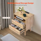 Rattan Nightstand with Built-In Charging Station Boho Bedside Table with 2 Drawers Open Shelf Solid Pine Wood Legs 2 AC and 3 USB Ports
