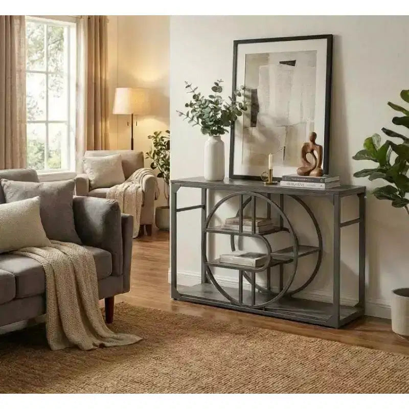 55" Industrial Narrow Console Table with O-Shaped Metal Frame & Storage Shelf