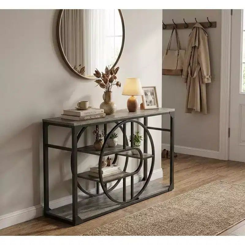 55" Industrial Narrow Console Table with O-Shaped Metal Frame & Storage Shelf