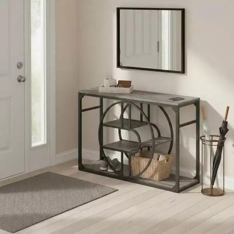 55" Industrial Narrow Console Table with O-Shaped Metal Frame & Storage Shelf