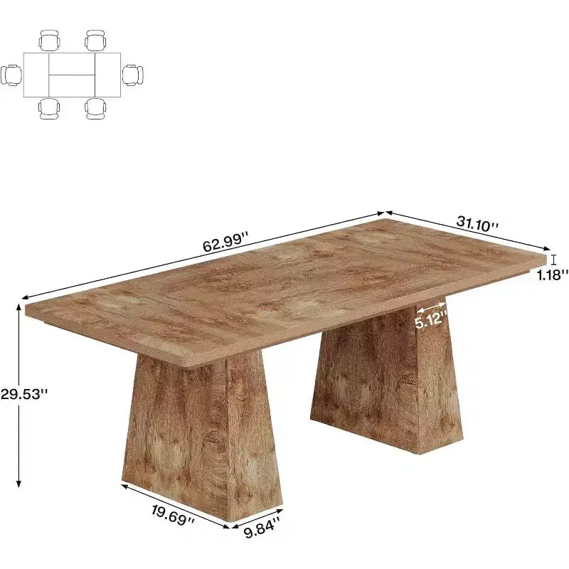 Farmhouse Rectangular Dining Table for 6, Double Pedestal, 63" Natural Wood