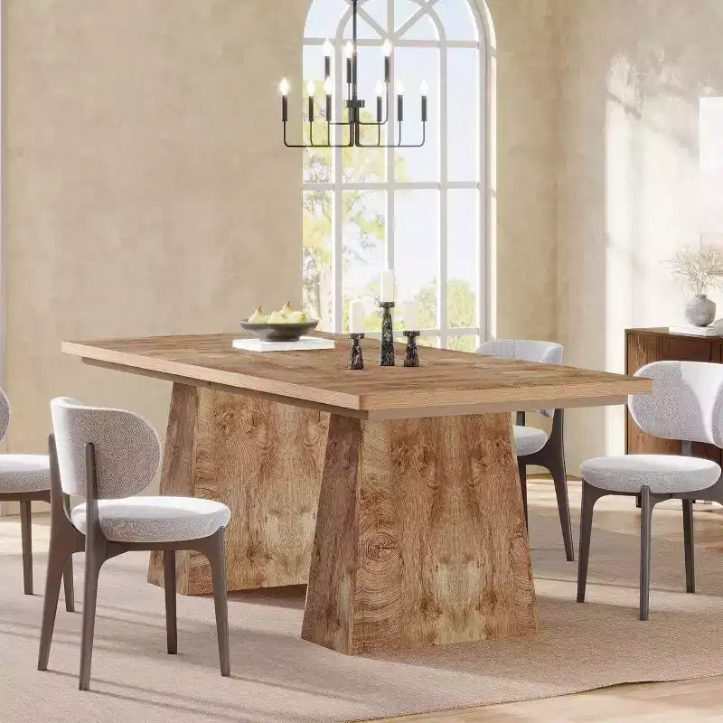 Farmhouse Rectangular Dining Table for 6, Double Pedestal, 63" Natural Wood