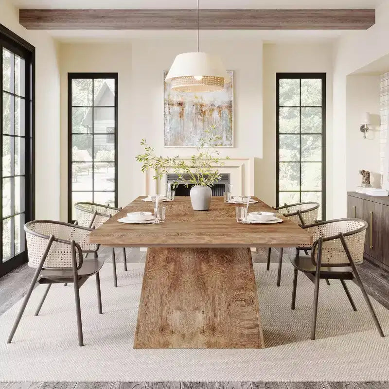 Farmhouse Rectangular Dining Table for 6, Double Pedestal, 63" Natural Wood