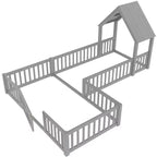 Twin/Full Size House Bed with Door and Guardrails, Double Twin Wood Platform Bed for Kids