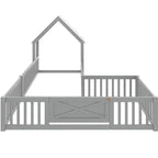 Twin/Full Size House Bed with Door and Guardrails, Double Twin Wood Platform Bed for Kids