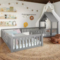 Twin/Full Size House Bed with Door and Guardrails, Double Twin Wood Platform Bed for Kids
