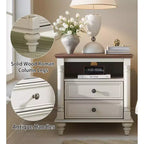 24 Farmhouse End Table with Charging Station, Square Nightstand with 4 Solid Wood Feet & 2 Drawers for Living Room, Bedroom