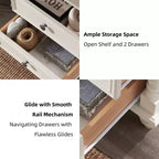 24 Farmhouse End Table with Charging Station, Square Nightstand with 4 Solid Wood Feet & 2 Drawers for Living Room, Bedroom