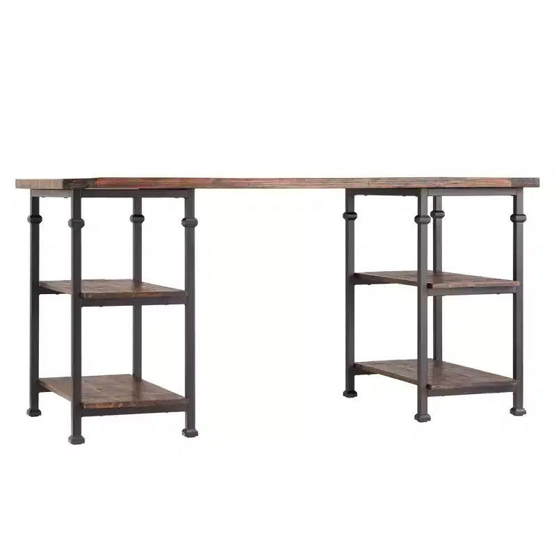 Vintage Industrial Storage Desk with Metal Frame & Poplar Wood Shelves