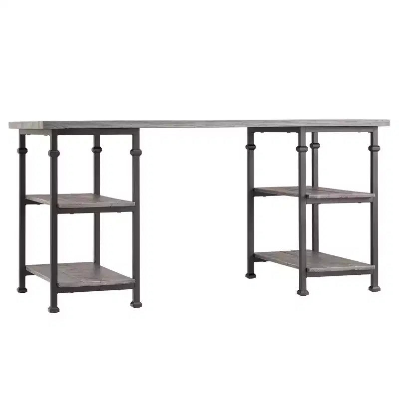Vintage Industrial Storage Desk with Metal Frame & Poplar Wood Shelves