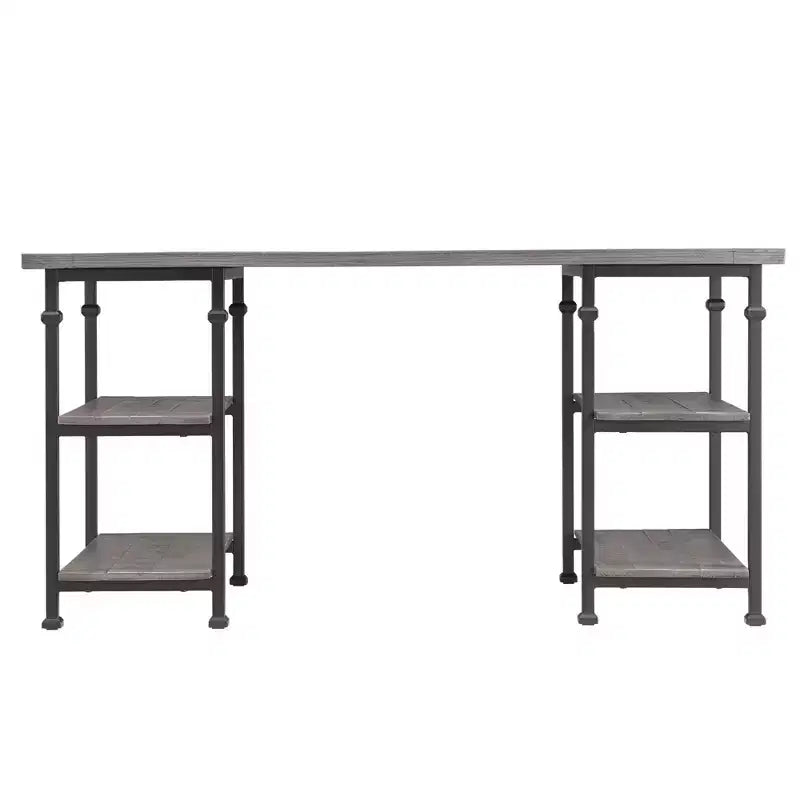 Vintage Industrial Storage Desk with Metal Frame & Poplar Wood Shelves
