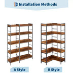 Bookshelf 5 Tier with 4 Hooks, Reversible Corner Bookshelf, 65 Industrial Wooden Bookcase with Open Shelves and Metal Frame for Living Room, Bedroom