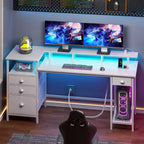60 Inch White Computer Desk with Charging Station Gaming Desk LED Lights 4 Drawers File Cabinet Storage Home Office Work Table Modern Bedroom Study