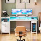 60 Inch White Computer Desk with Charging Station Gaming Desk LED Lights 4 Drawers File Cabinet Storage Home Office Work Table Modern Bedroom Study