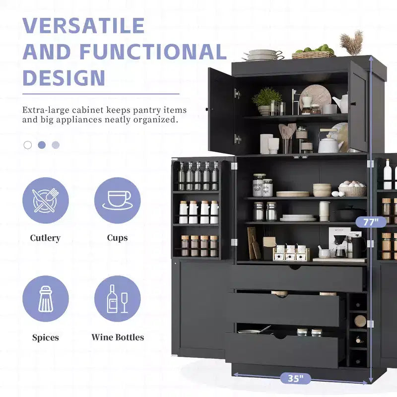 77" Freestanding Kitchen Storage Pantry Cabinet with Door & Adjustable Shelves