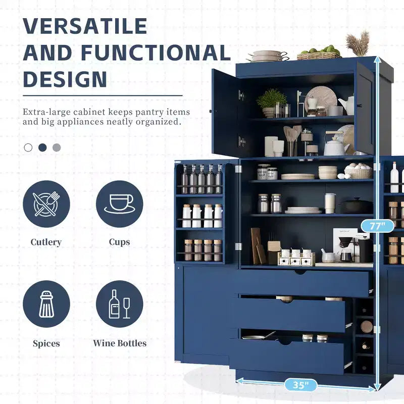 77" Freestanding Kitchen Storage Pantry Cabinet with Door & Adjustable Shelves