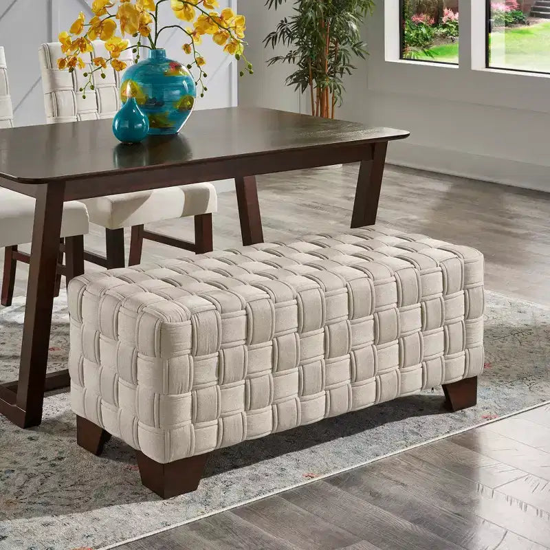 Walnut Finish Woven Upholstered Bench for Bedroom or Entryway