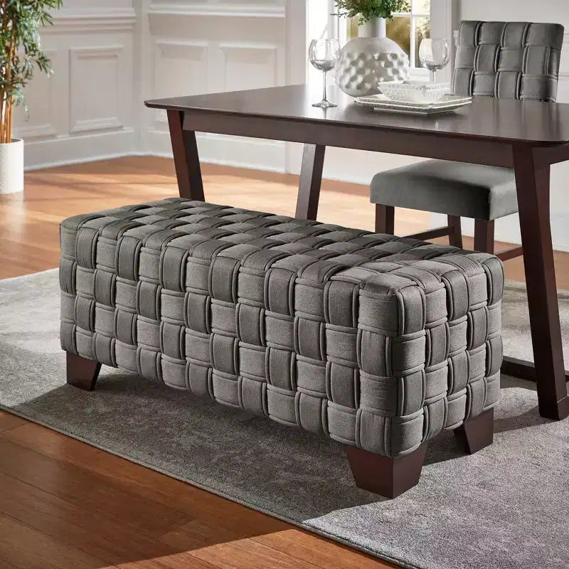 Walnut Finish Woven Upholstered Bench for Bedroom or Entryway