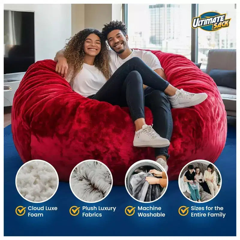 5-Foot Foam Filled Faux Fur Bean Bag Chair with Footstool, Pink