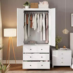 Modern Wooden Armoire Wardrobe Closet with 2 Doors and 3 Drawers, Tall Bedroom Cabinet with Hanging Rod, Freestanding Clothes Storage Unit