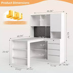 L-Shaped Corner Computer Desk with Charging Station, LED Lights, Drawers & Bookshelf, White