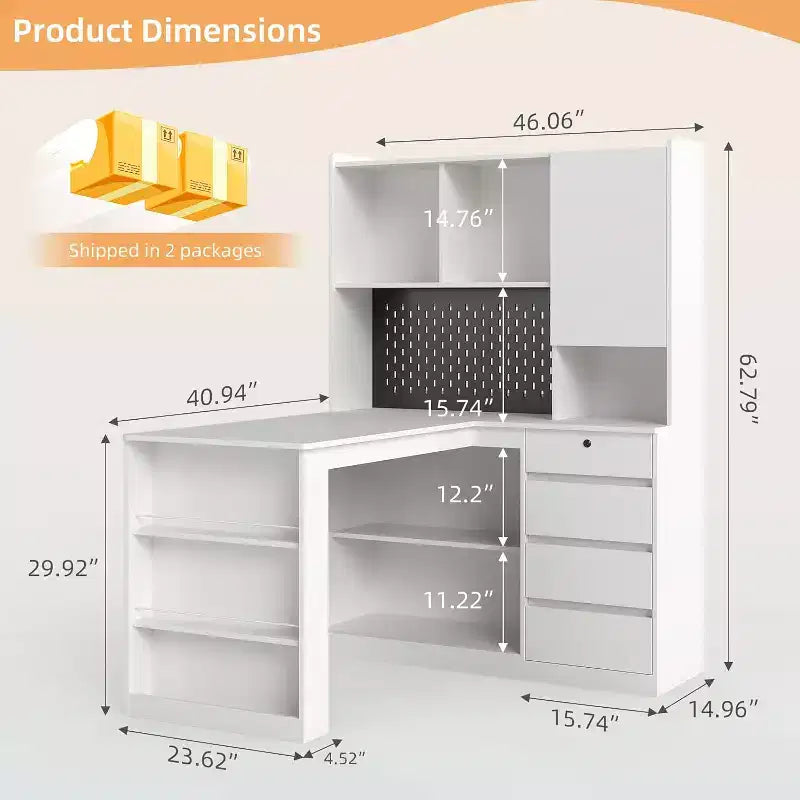 L-Shaped Corner Computer Desk with Charging Station, LED Lights, Drawers & Bookshelf, White