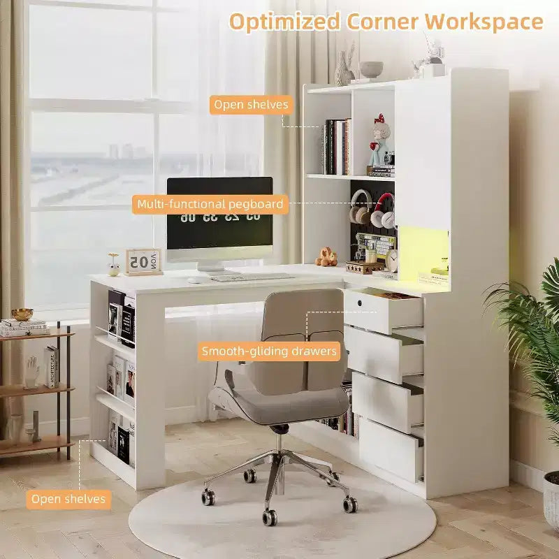 L-Shaped Corner Computer Desk with Charging Station, LED Lights, Drawers & Bookshelf, White