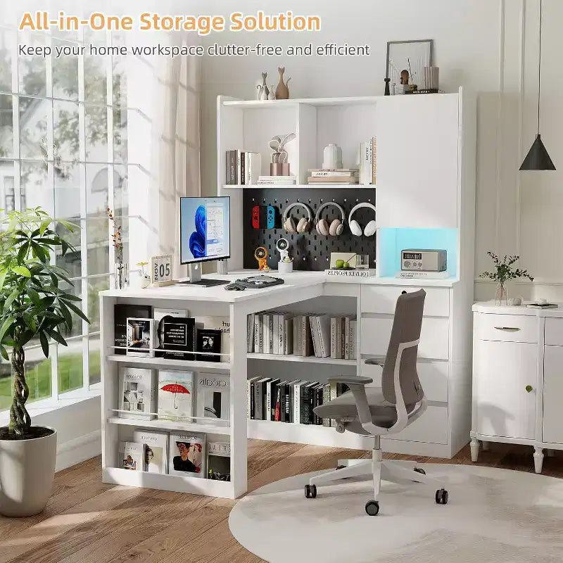 L-Shaped Corner Computer Desk with Charging Station, LED Lights, Drawers & Bookshelf, White