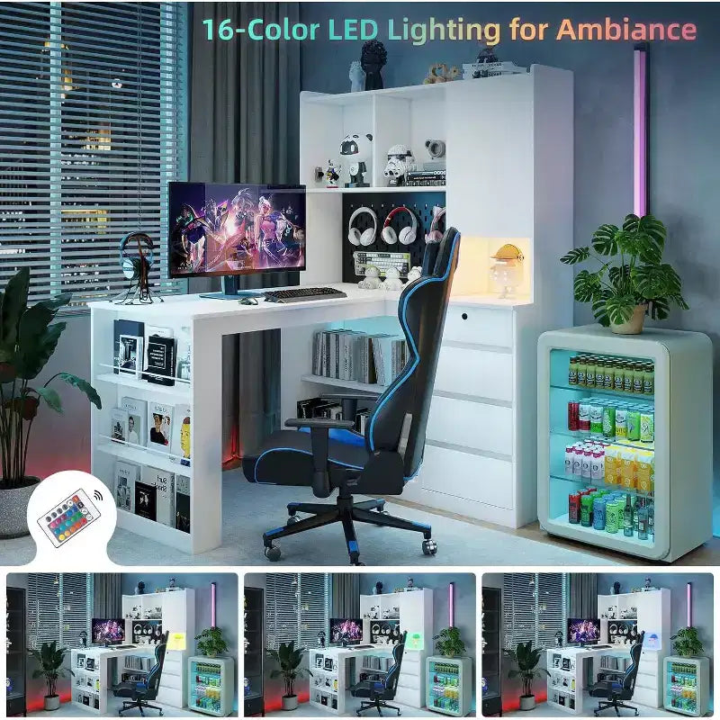 L-Shaped Corner Computer Desk with Charging Station, LED Lights, Drawers & Bookshelf, White