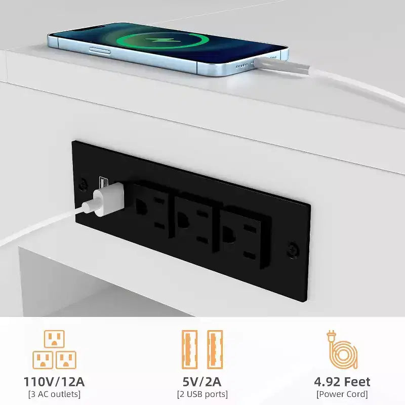 L-Shaped Corner Computer Desk with Charging Station, LED Lights, Drawers & Bookshelf, White
